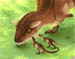  2019 abelisaurid absurd_res ambiguous_gender brown_scales carnotaurus claws digital_media_(artwork) dinosaur feral grass group hi_res nashiholy reptile scales scalie spines standing teeth theropod young 