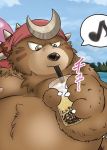  2019 anthro beverage brown_fur bubble_tea coupepunch cute_fangs dagger_(sdorica_sunset) fur japanese_text male mammal moobs nipples outside overweight overweight_male sdorica_sunset solo text ursid water 