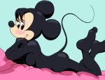  anthro black_fur black_nose blush breasts brown_eyes crossed_legs disney female fur grummancat hair looking_at_viewer lying mammal minnie_mouse mouse murid murine nude on_front rodent side_boob simple_background smile 