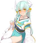  1girl commentary_request cup dragon_girl dragon_horns fate/grand_order fate_(series) green_hair headpiece holding holding_cup horns japanese_clothes juz kimono kiyohime_(fate/grand_order) long_hair looking_at_viewer simple_background sitting solo teeth thighhighs white_background white_legwear wide_sleeves yellow_eyes 