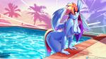  2019 5_fingers anthro areola blue_feathers blue_nipples breasts cutie_mark darkhazard detailed_background digital_media_(artwork) equid equine feathered_wings feathers female fingers friendship_is_magic hair hi_res long_hair mammal multicolored_hair my_little_pony nipples nude outside pterippus rainbow_dash_(mlp) solo swimming_pool url water wings 