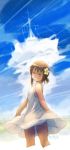  1girl blue_sky brown_hair closed_eyes cloud commentary_request day dress ergot flower from_behind fubuki_(destroyer) fubuki_(kantai_collection) hair_flower hair_ornament kantai_collection looking_back low_ponytail outdoors panties pantyshot ponytail short_hair short_ponytail sidelocks sky sleeveless sleeveless_dress smile solo sundress underwear white_dress white_panties 