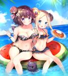  2girls :d abigail_williams_(fate/grand_order) animal bandeau bangs bare_arms bare_legs bare_shoulders bikini black_bikini black_bow blonde_hair blue_sky blush bow breasts cleavage closed_mouth cloud collarbone commentary_request day double_bun dutch_angle emerald_float fate/grand_order fate_(series) floral_print food forehead fork hair_bow hair_bun highres holding holding_fork holding_plate horizon katsushika_hokusai_(fate/grand_order) large_breasts long_hair masayo_(gin_no_ame) multiple_girls navel ocean octopus open_mouth orange_bow outdoors pancake parted_bangs plate polka_dot polka_dot_bow print_bikini purple_eyes purple_hair sidelocks sitting sky smile soaking_feet strapless strapless_bikini swimsuit thighs tokitarou_(fate/grand_order) water 