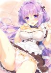  1girl :d apron ass black_dress blush bow bowtie breasts crotch_seam detached_collar dress hair_intakes holding knee_up large_breasts long_hair looking_at_viewer lying maid maid_apron maid_headdress natsuki_marina on_back open_mouth original panties purple_eyes purple_hair see-through short_sleeves smile soap_bubbles solo sparkle thighs underwear very_long_hair wet wet_clothes white_panties wrist_cuffs 