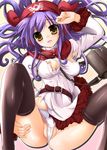  bankoku_ayuya belt black_legwear breasts dragon_quest dragon_quest_ii long_hair long_sleeves medium_breasts nipple_slip nipples panties princess_of_moonbrook purple_hair solo spread_legs thighhighs torn_clothes underwear white_panties yellow_eyes 