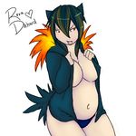  anthro big_butt blue_panties blush breast_squish breasts butt chubby cleavage clothed clothing female fire gijinka jacket nintendo open_jacket overweight panties plain_background pok&#233;mon pok&#233;morph pokemon red_eyes revadiehard solo typhlosion underwear video_games voluptuous white_background 