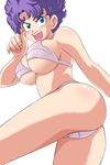  1girl angry ass bare_shoulders blue_eyes bra breasts dragon_ball fighting highres large_breasts legs lingerie looking_at_viewer mole open_mouth panties purple_bra purple_hair purple_panties ran_fan ranfan short_hair simple_background solo standing thighs underboob underwear underwear_only white_background 
