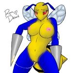  antennae anthro arthropod bee beedrill blue_body blush breasts female insect looking_at_viewer nintendo nipples plain_background pok&#233;mon pokemon pussy red_eyes revadiehard signature solo standing stinger video_games white_background wings 
