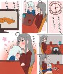  2girls alternate_costume black_legwear blue_eyes blue_sweater blush breasts closed_mouth comic commentary_request cup eyes_visible_through_hair facial_scar gangut_(kantai_collection) gradient gradient_background grey_eyes grey_hair hair_between_eyes hibiki_(kantai_collection) highres kantai_collection kotatsu long_hair long_sleeves medium_breasts multiple_girls panties red_sweater scar scar_on_cheek silver_hair sleeping striped striped_panties sweater table tama_(seiga46239239) television thighhighs translation_request underwear 
