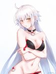  1girl absurdres artist_name bangs bikini black_bikini black_choker blush breast_hold breasts choker cleavage collarbone crossed_arms eyebrows_visible_through_hair fate/grand_order fate_(series) highres jeanne_d&#039;arc_(alter_swimsuit_berserker) jeanne_d&#039;arc_(fate)_(all) large_breasts long_hair looking_at_viewer navel o-ring o-ring_bikini silver_hair solo swimsuit untied untied_bikini uthspsk very_long_hair yellow_eyes 