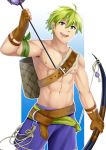  1boy abs absurdres arrow bara bow_(weapon) fire_emblem fire_emblem_heroes gloves green_eyes green_hair highres katou_shinobu muscle open_mouth smile weapon wolt 
