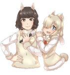  2girls :d alpaca_ears alpaca_suri_(kemono_friends) alpaca_suri_(kemono_friends)_(cosplay) alpaca_tail animal_ears bangs blonde_hair blue_eyes bow bowtie brown_eyes brown_hair closed_mouth commentary_request cosplay extra_ears eyebrows_visible_through_hair fujii_yukiyo fur-trimmed_sleeves fur_collar fur_scarf fur_trim hair_bun hair_over_one_eye hand_on_another&#039;s_shoulder hand_on_hip hand_up highres holding holding_microphone horizontal_pupils kemono_friends kemonomimi_mode lips long_sleeves looking_at_viewer medium_hair microphone multiple_girls neck_ribbon open_mouth real_life ribbon scarf seiyuu shirt short_hair sidelocks simple_background smile sweater_vest tail thin_(suzuneya) upper_body white_background white_shirt 