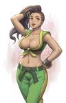  1girl asymmetrical_hair bare_arms black_hair bracelet breasts brown_eyes cleavage collarbone commentary_request cornrows crop_top dark_skin green_pants green_shirt hand_in_hair hand_on_hip jewelry large_breasts laura_matsuda long_hair looking_at_viewer midriff navel noppo_(tarstation) open_mouth pants shiny shiny_skin shirt sleeveless sleeveless_shirt solo standing street_fighter street_fighter_v tied_shirt wavy_hair white_background 