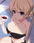  1girl bangs bare_shoulders beach_towel bikini black_bikini blonde_hair blue_eyes braid breasts cleavage collarbone cup darjeeling eyebrows_visible_through_hair french_braid girls_und_panzer hair_between_eyes holding holding_cup kuro_mushi large_breasts long_hair navel o-ring o-ring_bikini side-tie_bikini sitting smile strapless strapless_bikini swimsuit tea teacup tied_hair towel twin_braids umbrella 