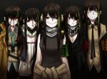  5girls anti-rain_(girls_frontline) armband bandana bangs bare_shoulders black_eyes black_hair blood blood_on_face bloody_clothes bloody_tears breasts cleavage closed_eyes closed_mouth clothes_around_waist cosplay empty_eyes girls_frontline green_hair headphones highres ingukoon jacket_around_waist long_hair m16a1_(girls_frontline) m16a1_(girls_frontline)_(cosplay) m4_sopmod_ii_(girls_frontline) m4_sopmod_ii_(girls_frontline)_(cosplay) m4a1_(girls_frontline) multiple_girls neckerchief ribbed_sweater ro635_(girls_frontline) ro635_(girls_frontline)_(cosplay) smile st_ar-15_(girls_frontline) st_ar-15_(girls_frontline)_(cosplay) sweater yellow_eyes 