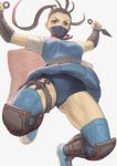  1girl antenna_hair arms_up backlighting blue_buruma blue_footwear blue_legwear blue_skirt breasts brown_eyes brown_hair buruma commentary_request dual_wielding face_mask forehead from_behind greaves holding holding_weapon ibuki_(street_fighter) jumping knee_pads kunai long_hair looking_at_viewer mask neck_ribbon ninja noppo_(tarstation) pleated_skirt ponytail red_ribbon reverse_grip ribbon school_uniform shirt shoes short_sleeves simple_background skirt small_breasts solo street_fighter street_fighter_v thigh_strap thighhighs upskirt v-shaped_eyebrows vambraces weapon white_background white_shirt wind wind_lift 