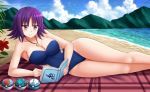 1girl blush breasts cleavage collarbone commission covered_navel day eyebrows_visible_through_hair jewelry kazenokaze labcoat large_breasts looking_at_viewer lying necklace on_side one-piece_swimsuit poke_ball pokemon pokemon_(anime) purple_eyes purple_hair short_hair smile solo swimsuit uchikido_(pokemon) 