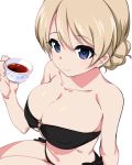  1girl bangs bare_shoulders bikini black_bikini blonde_hair blue_eyes braid breasts cleavage collarbone cup darjeeling eyebrows_visible_through_hair french_braid girls_und_panzer hair_between_eyes holding holding_cup kuro_mushi large_breasts long_hair navel o-ring o-ring_bikini side-tie_bikini simple_background sitting smile strapless strapless_bikini swimsuit tea teacup tied_hair twin_braids white_background 