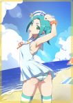  1girl :p aqua_hair aqua_legwear armpits ass bangs beach breasts dress gesugesu_ahoaho green_eyes hat looking_at_viewer monogatari_(series) ocean ononoki_yotsugi panties parasol parted_bangs pointy_ears sailor_collar sleeveless sleeveless_dress solo striped striped_panties thighhighs tongue tongue_out towel twintails umbrella underwear 