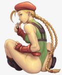  1girl ahoge antenna_hair ass bare_shoulders beret blonde_hair blue_eyes boots braid breasts brown_footwear cammy_white candy candy_bar commentary_request eating facial_scar fingerless_gloves food from_behind full_body gloves green_leotard harness hat highleg highleg_leotard holster huge_ahoge knee_boots leotard long_hair looking_at_viewer looking_back medium_breasts noppo_(tarstation) profile red_gloves red_headwear scar scar_on_cheek sideways_glance simple_background sitting solo street_fighter street_fighter_v thigh_holster thigh_strap thong_leotard toned twin_braids white_background 