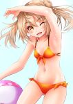 ;d absurdres alternate_costume armpits bare_shoulders bikini commentary_request cowboy_shot double_bun highres kantai_collection light_brown_hair looking_at_viewer makura_(14600189) michishio_(kantai_collection) midriff navel one_eye_closed open_mouth orange_bikini short_twintails simple_background smile swimsuit twintails white_background yellow_eyes 