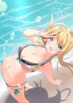  1girl beach bending_backward bikini blonde_hair blue_eyes breasts cleavage collarbone hachimiya_meguru highres idolmaster idolmaster_shiny_colors large_breasts long_hair navel open_mouth schreibe_shura scrunchie shadow smile solo swimsuit twintails v water 