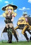  1girl :d arm_ribbon binoculars black_footwear black_tank_top blonde_hair boots character_request clothes_around_waist haegiwa_gonbee hat hat_feather kemono_friends_3 lucky_beast_(kemono_friends) open_mouth ribbon robot silver_eyes sky smile 