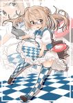  1girl adapted_turret bespectacled black_footwear blue-framed_eyewear checkered checkered_floor checkered_legwear checkered_skirt compass enemy_lifebuoy_(kantai_collection) full_body fyuo glasses hair_bun highres kantai_collection light_brown_hair loafers michishio_(kantai_collection) puffy_short_sleeves puffy_sleeves semi-rimless_eyewear shoes short_hair short_sleeves short_twintails skirt solo twintails two-tone_dress under-rim_eyewear yellow_eyes zoom_layer 
