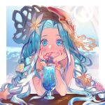  1girl armlet bare_shoulders blue_eyes blue_hair blurry blurry_background blush braid chin_rest commentary crazy_straw day dress drink drinking drinking_straw elbows_on_table english_commentary flower food fruit glass granblue_fantasy hair_flower hair_ornament hands_on_own_cheeks hands_on_own_face hat heart_straw highres hurricane_glass lemon lemon_slice long_hair looking_at_viewer lyria_(granblue_fantasy) outdoors parted_lips pov_across_table scrunchie shell_hair_ornament sitting smile solo star star_hair_ornament sun_hat table twin_braids upper_body very_long_hair white_dress wrist_scrunchie yamikio 