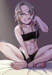  1girl abs amagiri_(kantai_collection) bed_sheet bra crossed_legs earrings glasses jewelry kantai_collection legs lips long_hair looking_at_viewer midriff mouth navel ponytail sitting solo stomach toned training_bra underwear uyama_hajime 