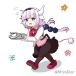  1girl :o blue_eyes brown_legwear brown_skirt chibi coffee coffee_cup cosplay cup disposable_cup dragon_girl dragon_horns full_body gochuumon_wa_usagi_desu_ka? hairband holding holding_tray horns hoto_cocoa hoto_cocoa_(cosplay) kanna_kamui kobayashi-san_chi_no_maidragon lavender_hair long_hair miicha pantyhose purple_footwear rabbit_house_uniform saucer skirt solo tray white_background 