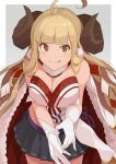  1girl :p ahoge anila_(granblue_fantasy) bare_shoulders blonde_hair breasts brown_eyes cape cleavage commentary_request draph eyebrows_visible_through_hair fur-trimmed_cape fur_trim gloves granblue_fantasy hinami_(hinatamizu) horns large_breasts long_hair looking_at_viewer pleated_skirt removing_glove sheep_horns skirt solo thick_eyebrows tongue tongue_out very_long_hair white_gloves 