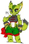  2019 anthro bottomwear breasts carol_tea clothed clothing dipstick_tail felid feline felis female fingerless_gloves freedom_planet freedom_planet_2 fur gloves green_eyes green_fur handwear hi_res mammal midriff multicolored_tail open_mouth open_smile scarf shorts smile solo video_games wildcat zhengfox 