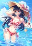  1girl ass_visible_through_thighs bikini black_hair blue_eyes blue_sky bow breasts cellphone cleavage cloud hat highres in_water lalazyt navel original phone red_bikini sky straw_hat striped striped_bikini summer swimsuit v 