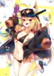  1girl animal_ear_fluff animal_ears bikini black_bikini blonde_hair blush bow breasts collarbone commentary cowboy_shot flip-flops fox_ears fox_tail holding jacket long_hair looking_at_viewer medium_breasts open_clothes open_jacket open_mouth original red_bow red_eyes rozea_(graphmelt) sandals sleeves_past_wrists snorkel standing standing_on_one_leg swimsuit tail tied_hair water_gun 