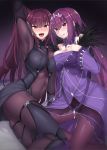  2girls :d :q arm_up bangs bed bodysuit breast_press breasts cleavage covered_navel dress fate/grand_order fate_(series) feather_trim fur_trim hair_intakes hand_on_own_chest headpiece highres indoors kazami_chiu large_breasts leotard long_hair long_sleeves looking_at_viewer multiple_girls open_mouth pauldrons purple_bodysuit purple_dress purple_hair purple_leotard red_eyes scathach_(fate)_(all) scathach_(fate/grand_order) scathach_skadi_(fate/grand_order) shoulder_armor smile symmetrical_docking tiara tongue tongue_out very_long_hair wide_sleeves 