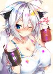  1girl ahoge animal_ears bangs blue_eyes blush breasts cleavage collarbone cup holding holding_cup large_breasts mug one_eye_closed original rozea_(graphmelt) shirt short_hair smile tail upper_body white_shirt 