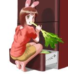  1girl animal_ears arms_up artist_name bangs barefoot blush brown_eyes brown_hair brown_shorts bunny_ears celery chutohampa commentary_request eating fake_animal_ears food graphite_(medium) holding holding_food looking_at_viewer mechanical_pencil original pencil red_shirt refrigerator shadow shiny shiny_hair shirt short_hair short_sleeves shorts solo squatting teeth traditional_media 