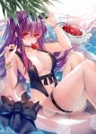  1girl bangs bare_shoulders black_bow black_swimsuit blush bow bracelet breasts collarbone eyewear_on_head food fruit highres jewelry knees_up large_breasts long_hair looking_at_viewer mouth_hold navel necklace obiwan original purple_hair red_eyes slingshot_swimsuit solo sunglasses sunlight swimsuit thigh_strap thighs water watermelon wet 