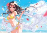  beach bikini brown_hair cropped flowers long_hair morikura_en navel original scan see_through sky swimsuit water 