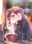  1girl ahoge black_serafuku black_shirt bowl chopsticks closed_mouth commentary_request drink eating food glass glasses highres kemurikusa long_hair looking_at_viewer noodles red-framed_eyewear red_eyes red_hair ryouku_(kemurikusa) school_uniform semi-rimless_eyewear serafuku shirt solo sweat under-rim_eyewear usapenpen2019 very_long_hair 