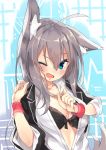  1girl ahoge animal_ears bangs black_bra blue_eyes blush bra breasts cleavage greyscale jacket large_breasts long_hair monochrome one_eye_closed open_clothes open_jacket open_mouth original rozea_(graphmelt) simple_background smile solo underwear upper_body wrist_cuffs 