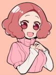  1girl :d blush brown_eyes brown_hair commentary_request do_m_kaeru hands_together okumura_haru open_mouth persona persona_5 pink_sweater ribbed_sweater short_hair smile solo sweater twitter_username upper_body 