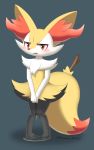  3_toes ambiguous_gender anthro black_fur blush bodily_fluids braixen chest_tuft ears_up fluffy fluffy_tail fur genital_fluids hi_res inner_ear_fluff maninu_otona nintendo omorashi open_mouth pok&eacute;mon pok&eacute;mon_(species) red_fur red_nose snout solo stick toes tongue tuft urine video_games wetting white_fur yellow_fur 