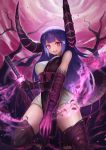  1girl bandaged_arm bandaged_leg bandages bangs bare_shoulders bow brown_gloves eyebrows_visible_through_hair fang floral_print gloves glowing highres holding holding_sword holding_weapon horns katana long_hair miyama_(tokiwairo8) open_mouth original petals purple_eyes purple_hair red_bow scabbard scales sheath shiny shiny_skin smile solo sword tail tree unsheathing weapon wind 