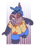  2013 2_eyes_closed 4_eyes alien blue_claws blue_eyes blue_fur blue_nose carrying claws clothed clothing digital_drawing_(artwork) digital_media_(artwork) disney duo experiment_(lilo_and_stitch) flat_colors fur hawaiian_shirt head_tuft jumba_jookiba kweltikwan lilo_and_stitch lunicent multi_eye notched_ear on_head open_mouth open_smile overweight purple_mouth purple_skin purple_tongue shirt simple_background size_difference smile stitch_(lilo_and_stitch) tongue topwear tuft yellow_sclera 