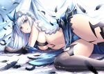  1girl black_legwear blue_eyes blue_panties breasts date_a_live eyebrows_visible_through_hair feathers fish.boy gauntlets long_hair lying navel on_side panties revealing_clothes sideboob solo thighhighs tobiichi_origami underwear veil white_hair 