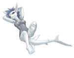  2019 5_fingers anthro blue_eyes breasts clothed clothing digital_media_(artwork) eyelashes female fin fingers fish foxmode hi_res lying marine non-mammal_breasts on_back one-piece_swimsuit shark simple_background smile solo swimwear white_background 