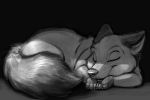  2016 4_toes ambiguous_gender black_background canid canine carrot_(artist) claws eyes_closed feral fluffy fluffy_tail fox greyscale head_on_paws hi_res mammal monochrome side_view simple_background sleeping solo toes whiskers 