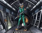  5_fingers ambiguous_gender anthro black_nose blue_eyes canid canine clothed clothing detailed_background fingers flashw grey_fox looking_at_viewer mammal smile solo standing urocyon 